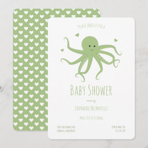 Green Octopus Hearts Cartoon Baby shower Kaart