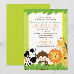 Green Oerwoud Safari Animals Baby shower Invitatio Kaart