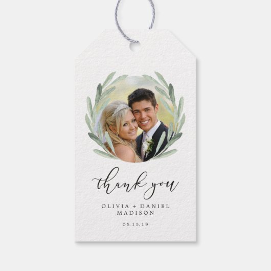 Green Olive Branch Wreath Wedding Foto Cadeaulabel (Achterkant)