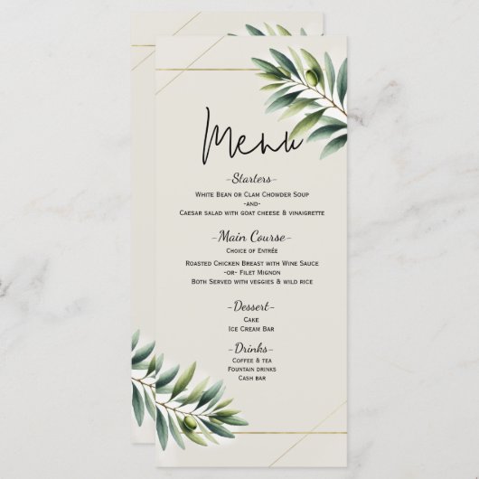 Green Olive Leaf Bone White & Gold Mariage Menu (Devant / Derrière)