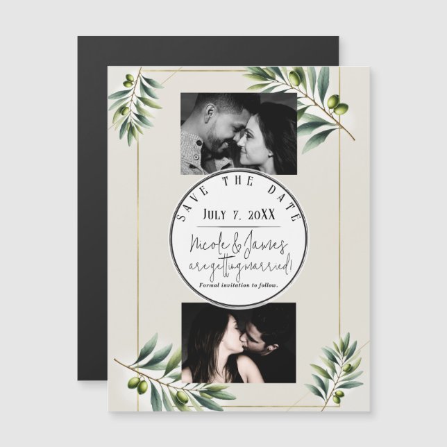 Green Olive Leaf Bone White & Gold Save the Date (Voorkant / Achterkant)