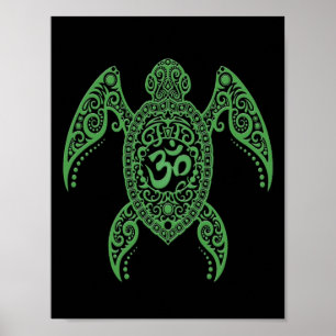 Green Om Zee Turtle on Black Poster