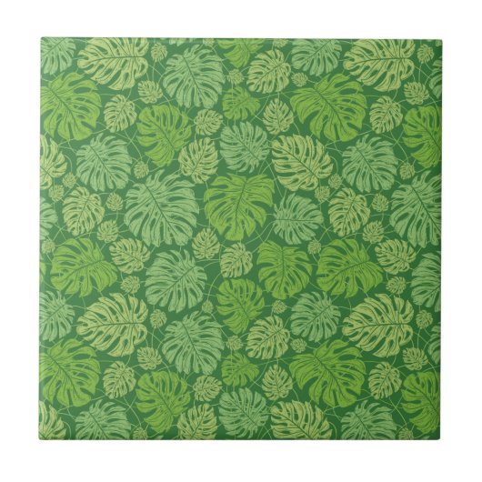 Green on Green Seamless Monstera Leaf Ceramic Tile Tegeltje (Voorkant)