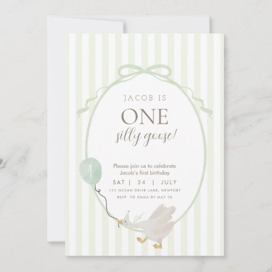 Green One Silly Goose First Birthday Invitation (Devant)