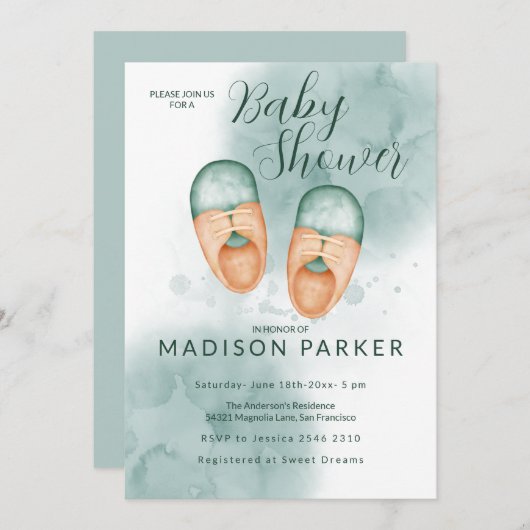 Green & Orange Baby Chaussures Invitation (Devant / Derrière)