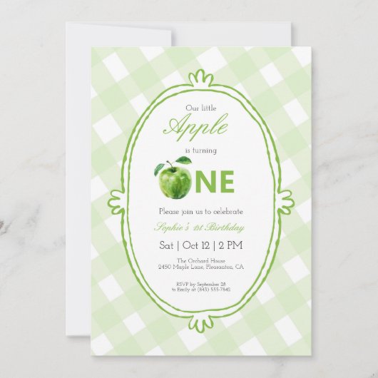 Green Our Little Apple First Birthday Invitation (Devant)