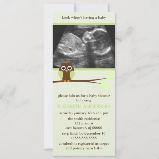Green Owl Sonogram Baby shower Kaart (Voorkant)