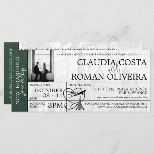 Green Paris Mariage Boarding Pass Invitation (Devant / Derrière)