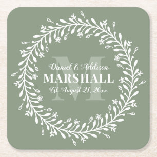 Green Pas getrouwd Couple Wreatmonogram Name Vierkante Kartonnen Onderzetter