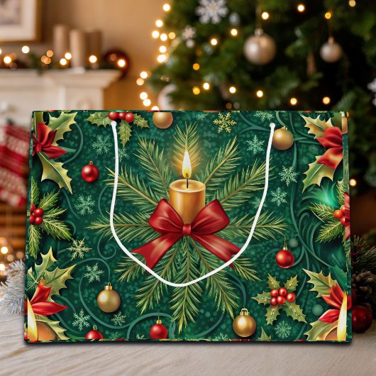 Green Pattern Gold Candle Poinsettia Flower Groot Cadeauzakje