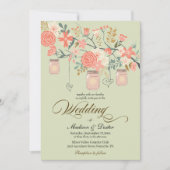 Green Peach Rustic Mason Jar Wedding Kaart (Voorkant)