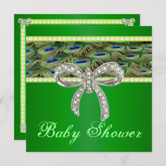 Green Peacock Diamond Bow Baby shower Invitation Kaart (Voorkant / Achterkant)