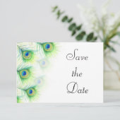 Green Peacock Feathers Wedding Save the Date (Staand voorkant)