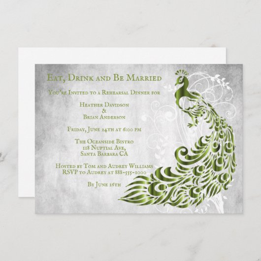 Green Peacock Leaf Vine Rehearsal Dinner Invite Kaart (Voorkant / Achterkant)