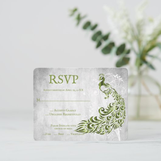 Green Peacock Leaf Vine Wedding RSVP Kaart (Staand voorkant)