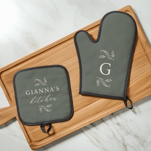 Green | Personalized Botanical Your Name's Kitchen Ovenwant & Pannenlap Set