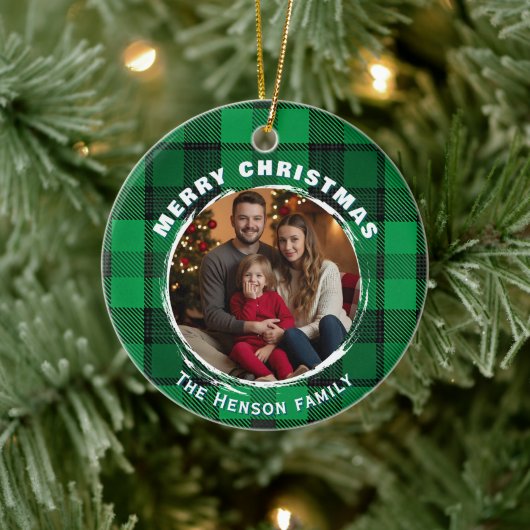 Green Personalized Family Photo Plaid Pattern Keramisch Ornament (Boom)