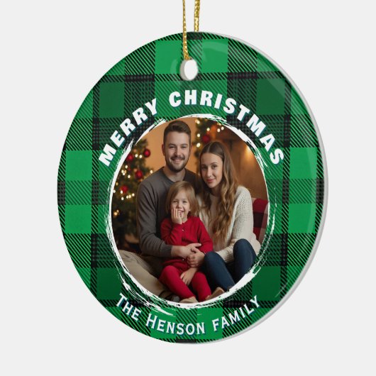 Green Personalized Family Photo Plaid Pattern Keramisch Ornament (Links)