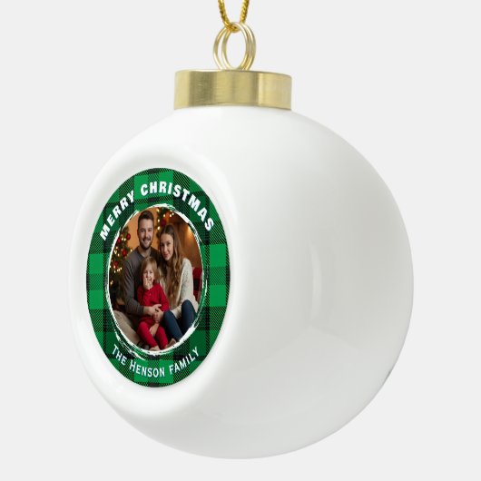 Green Personalized Family Photo Plaid Pattern Keramische Bal Ornament (Rechts)