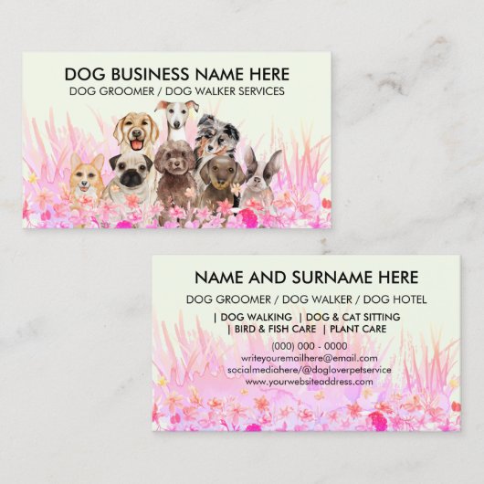 Green Pet Sitter Walker hond petcare bloemen Visitekaartje (Voorkant / Achterkant)