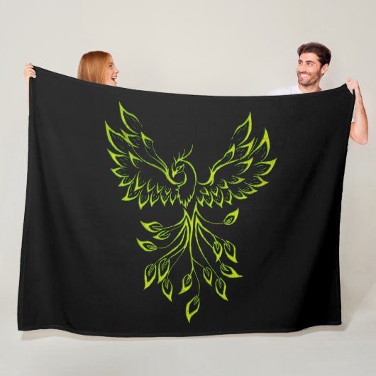 Green Phoenix Rises Zwart Fleece Deken (In situ)