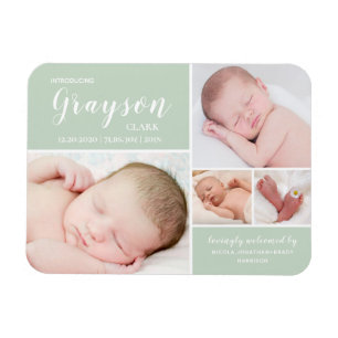 Green Photo Collage Baby Birth Announounement Magneet