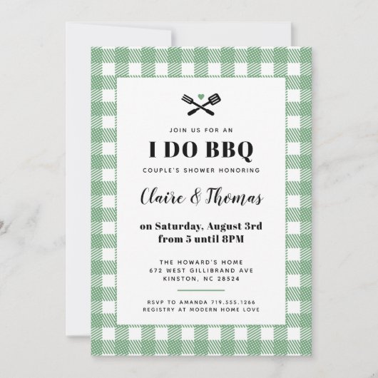 Green Picnic Plaid Cloth I Do BBQ Invitation (Devant)