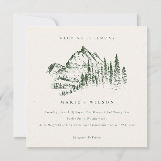 Green Pine Bossen Mountain Sketch Wedding Invite Bedankkaart (Voorkant)