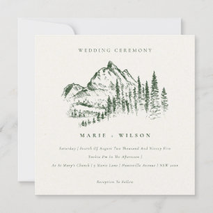 Green Pine Bossen Mountain Sketch Wedding Invite Bedankkaart
