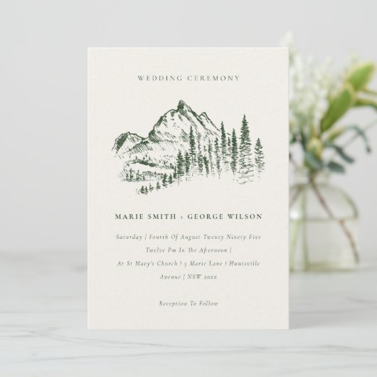 Green Pine Bossen Mountain Sketch Wedding Invite Bedankkaart (Staand voorkant)
