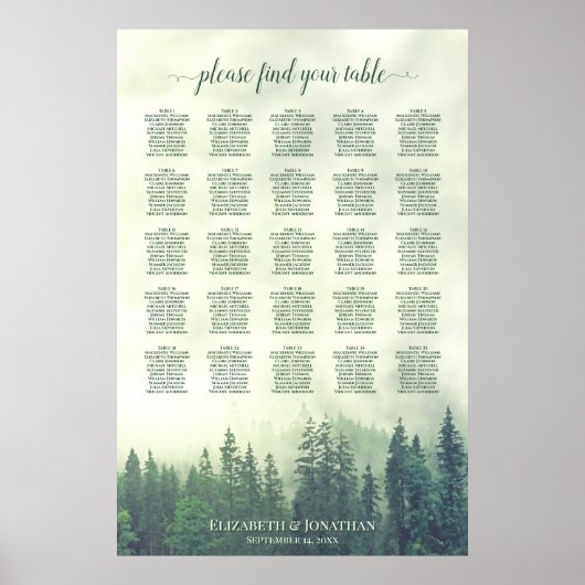Green Pine Forest 25 Table Wedding Seating Chart Poster (Voorkant)