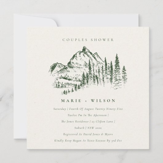 Green Pine Mountain Sketch Couples Shower Invite Bedankkaart (Voorkant)