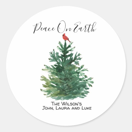 Green Pine Tree Red Cardinal Peace on Earth Custom Ronde Sticker (Voorkant)