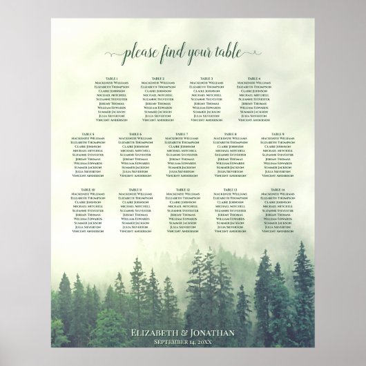 Green Pine Trees 14 Table Wedding Seating Chart Poster (Voorkant)