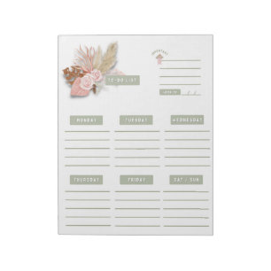 Green Pink Floral Boho Weekly Planner Calender Notitieblok