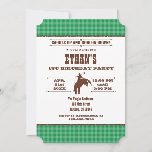 Green Plaid Cowboy Rodeo Anniversaire Invitation (Devant)