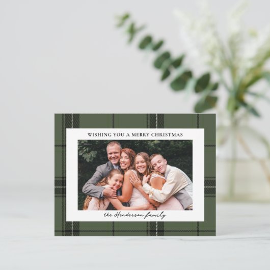 Green Plaid Custom Horizontal Photo Christmas Feestdagenkaart (Staand voorkant)