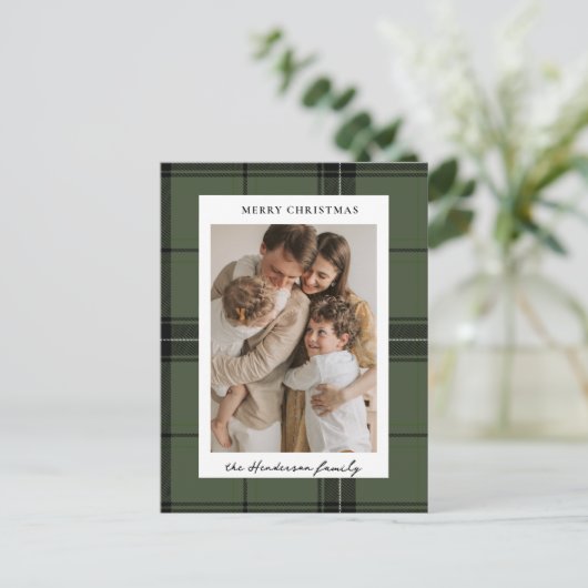 Green Plaid Custom Vertical Photo Christmas Feestdagenkaart (Staand voorkant)