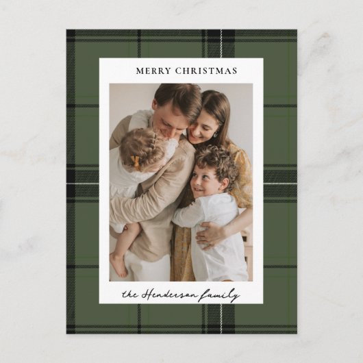Green Plaid Custom Vertical Photo Christmas Feestdagenkaart (Voorkant)
