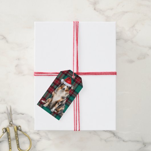 Green Plaid en Australische herder Kersthond Cadeaulabel (Met Touw)