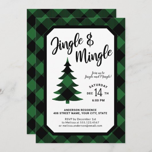 Green Plaid Jingle en Mingle Holiday Party Kaart (Voorkant / Achterkant)