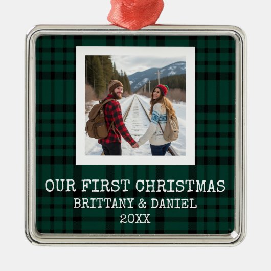 Green Plaid Our First Christmas Metalen Ornament (Voorkant)