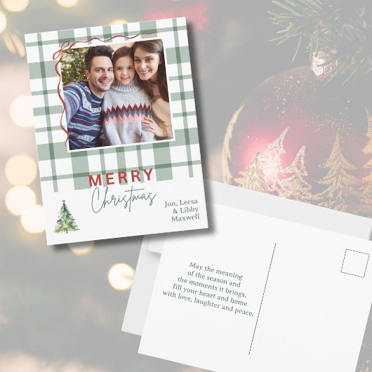 Green Plaid Rustieke Foto Kerst Briefkaart