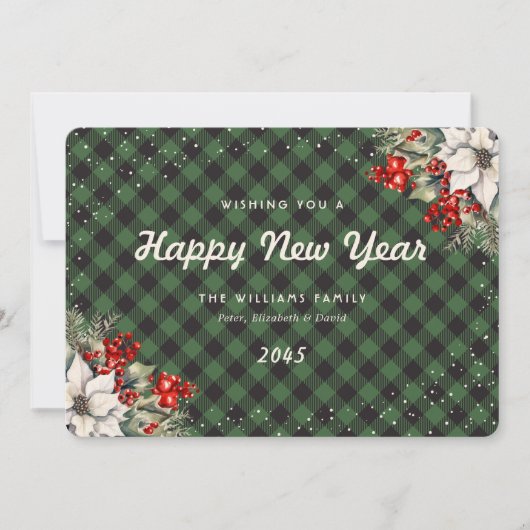 Green Plaid Snow Botanical New Year Card Feestdagenkaart (Voorkant)