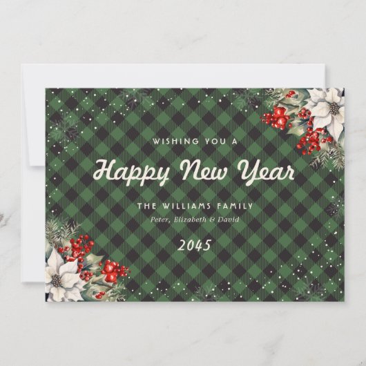 Green Plaid Snowflake Botanical New Year Card Feestdagenkaart (Voorkant)