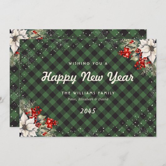 Green Plaid Snowflake Botanical New Year Card Feestdagenkaart (Voorkant / Achterkant)