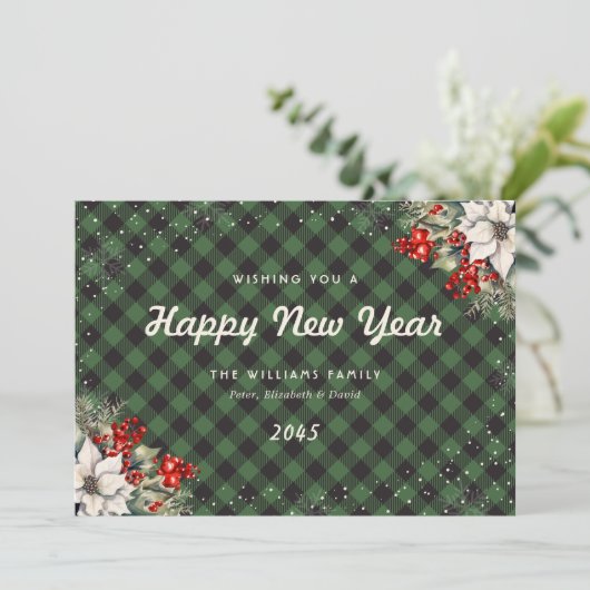 Green Plaid Snowflake Botanical New Year Card Feestdagenkaart (Staand voorkant)