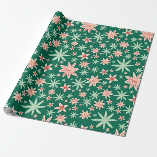 Green Poinsettia Pattern Kerstmis Cadeaupapier (Uitgerold)