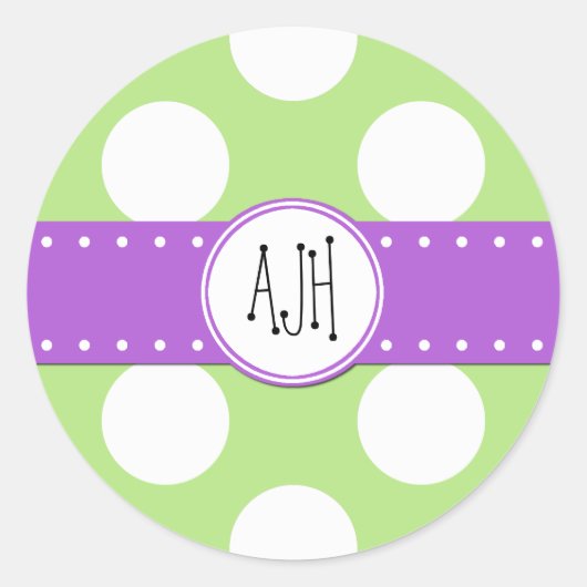 Green Polka Dots, Polka Dot Pattern, Monogram Ronde Sticker (Voorkant)