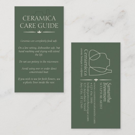 Green Pottery Vase Ceramic Caring Instruction Visitekaartje (Voorkant / Achterkant)